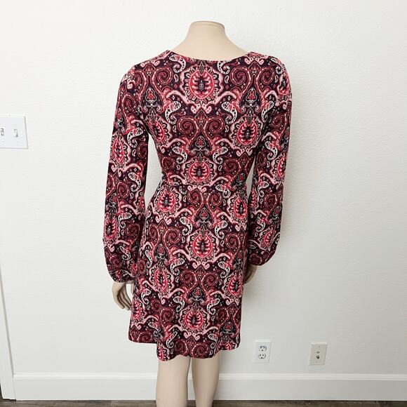[Anthropologie] Maeve Red Paisley Print Long Sleeve V-Neck Dress Size Medium M - Picture 3 of 12